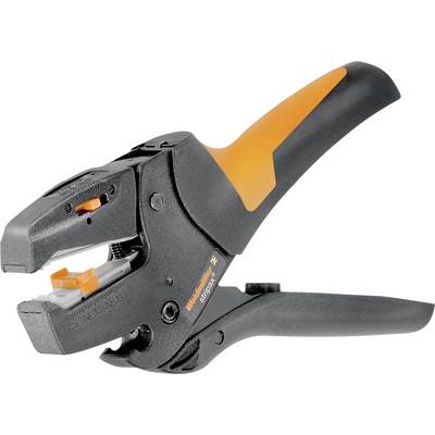 Black-and-orange wire stripper pliers with spring-loaded handles, shown closed on a white background.