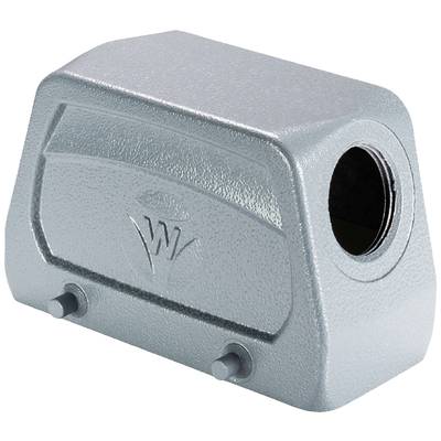 Grey metal protective casing with a circular opening on the side and an embossed logo on the front.
