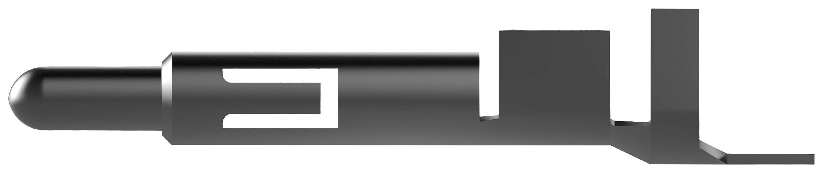 Black 3D-printed object with a rectangular, elongated body and a rounded head, potentially a mechanical component.