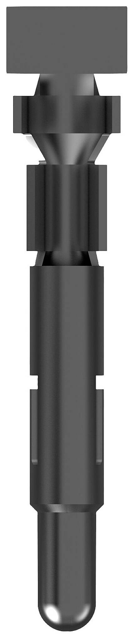 Black metal cylindrical plug with a wider top; typical of electronic device connectors.
