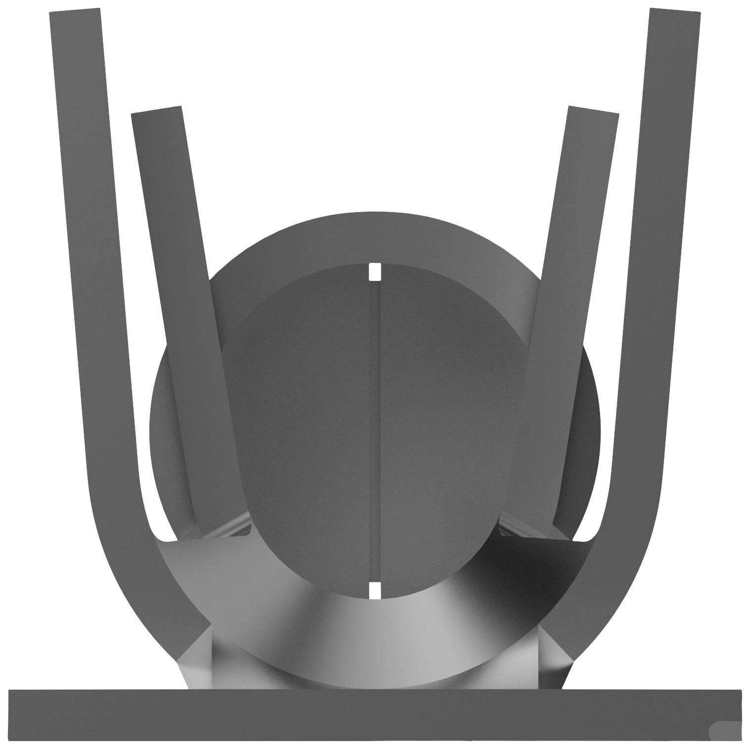 A modern, abstract sculptural object made of brushed metal with a spherical centre and four surrounding rods.