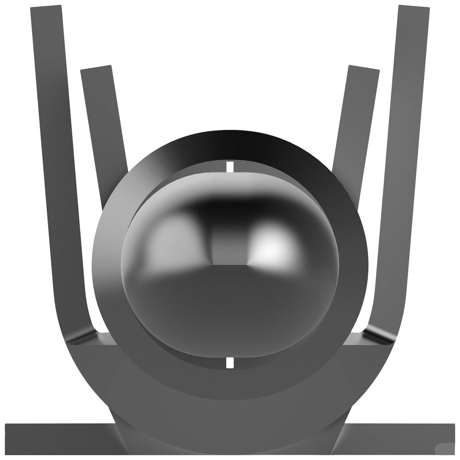 A stylised, abstract metal artwork with a polished, spherical centre and symmetrical, straight bars.