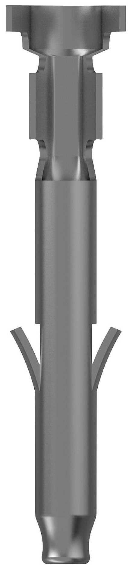 A grey metal wall plug with two lateral wings for better anchoring in the wall, viewed from the side.