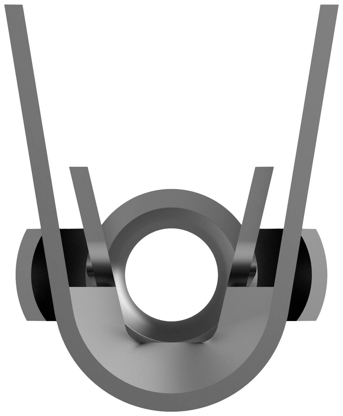 A grey, symmetrical, abstract sculpture with curved and straight elements forming a U-like arch and a circle.