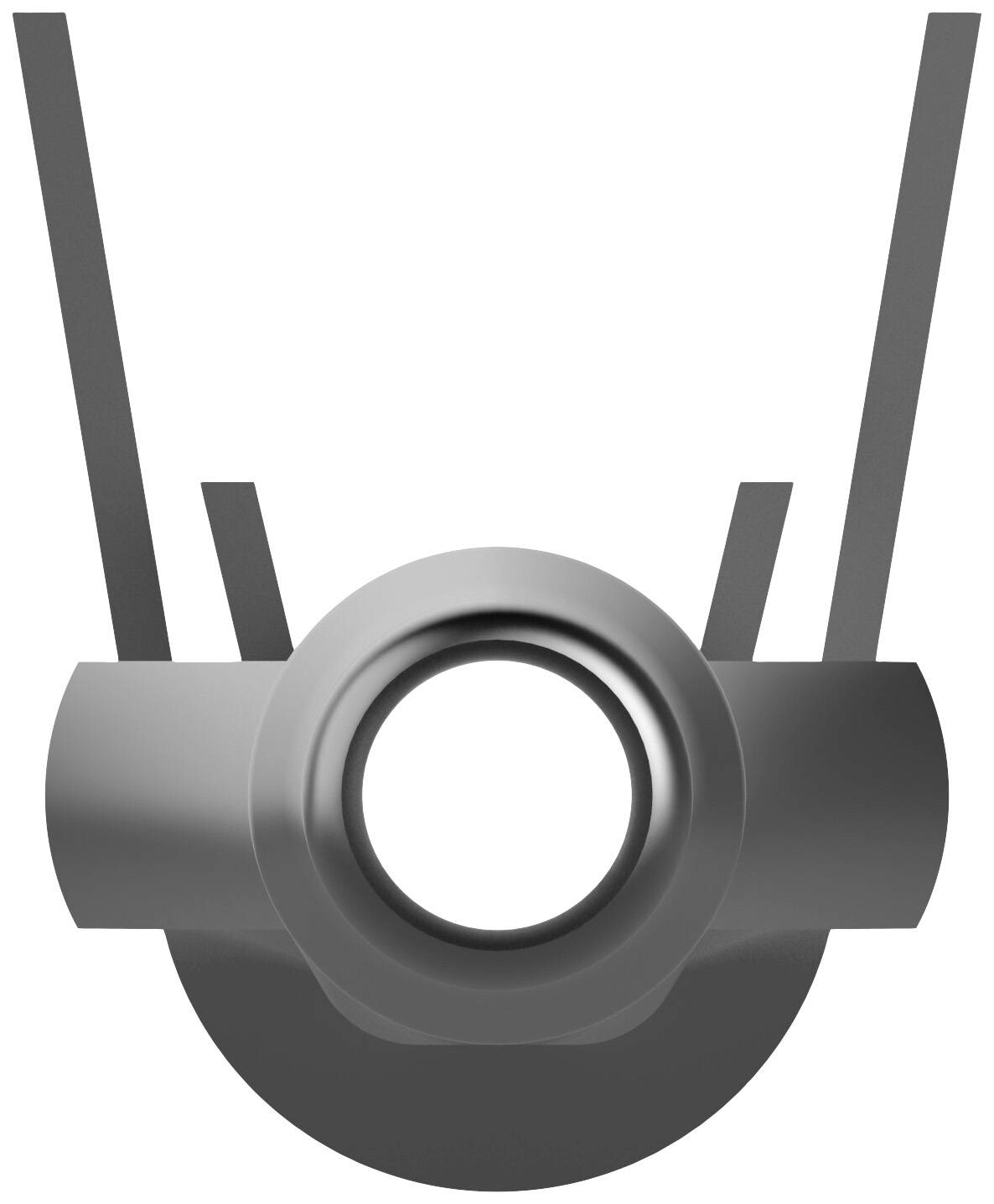 Grey, abstract metal object with a circular opening in the centre and protruding rods, against a white background.