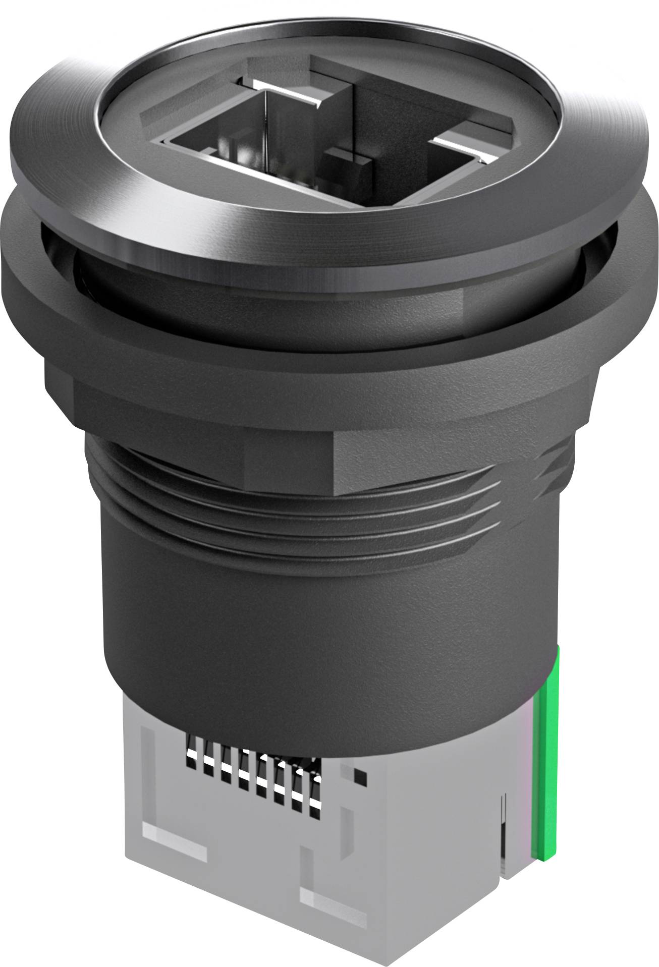 3D rendering of a black and silver Ethernet port jack, shown in perspective on a white background.