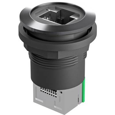 3D rendering of a black and silver Ethernet port jack, shown in perspective on a white background.