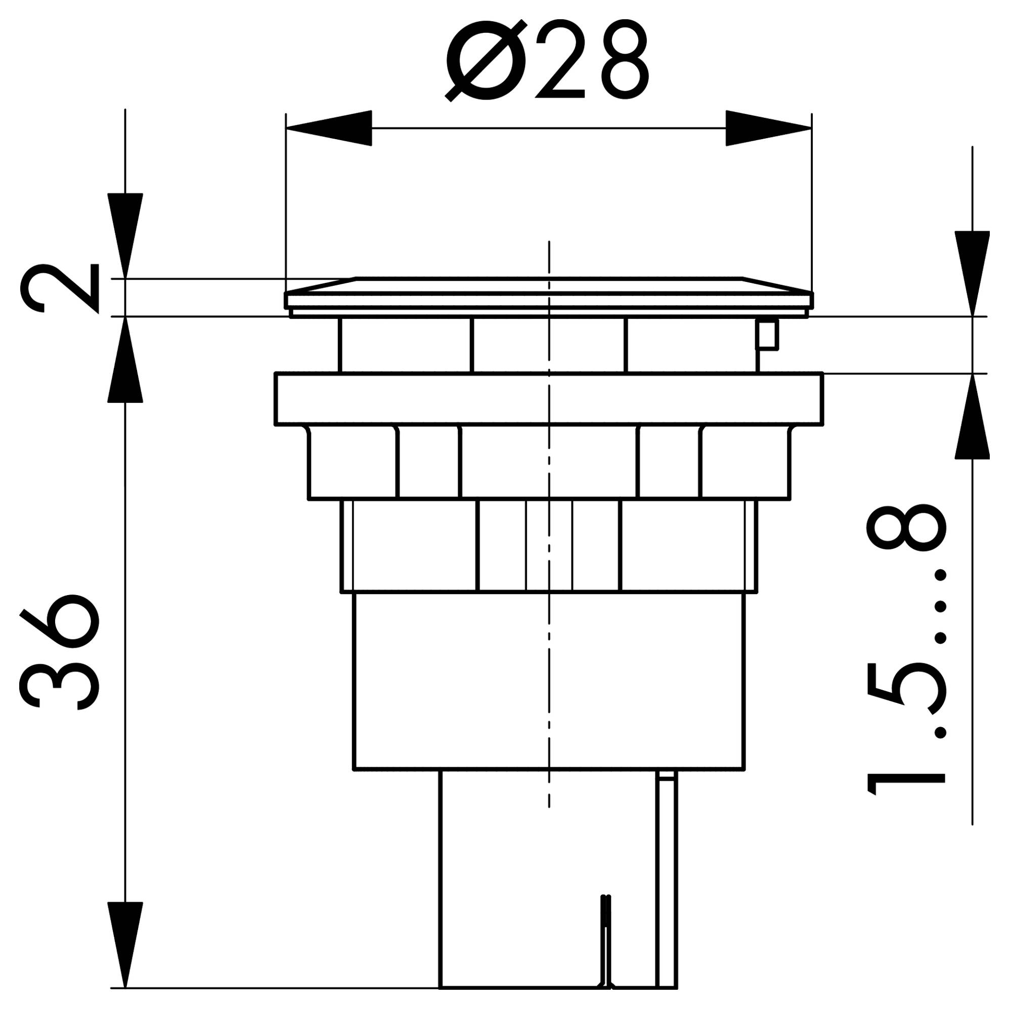 Technical line drawing of a cylindrical part with flange; top diameter Ø28, overall height 36, and additional dimensions 2 and 1.5–8 indicated.