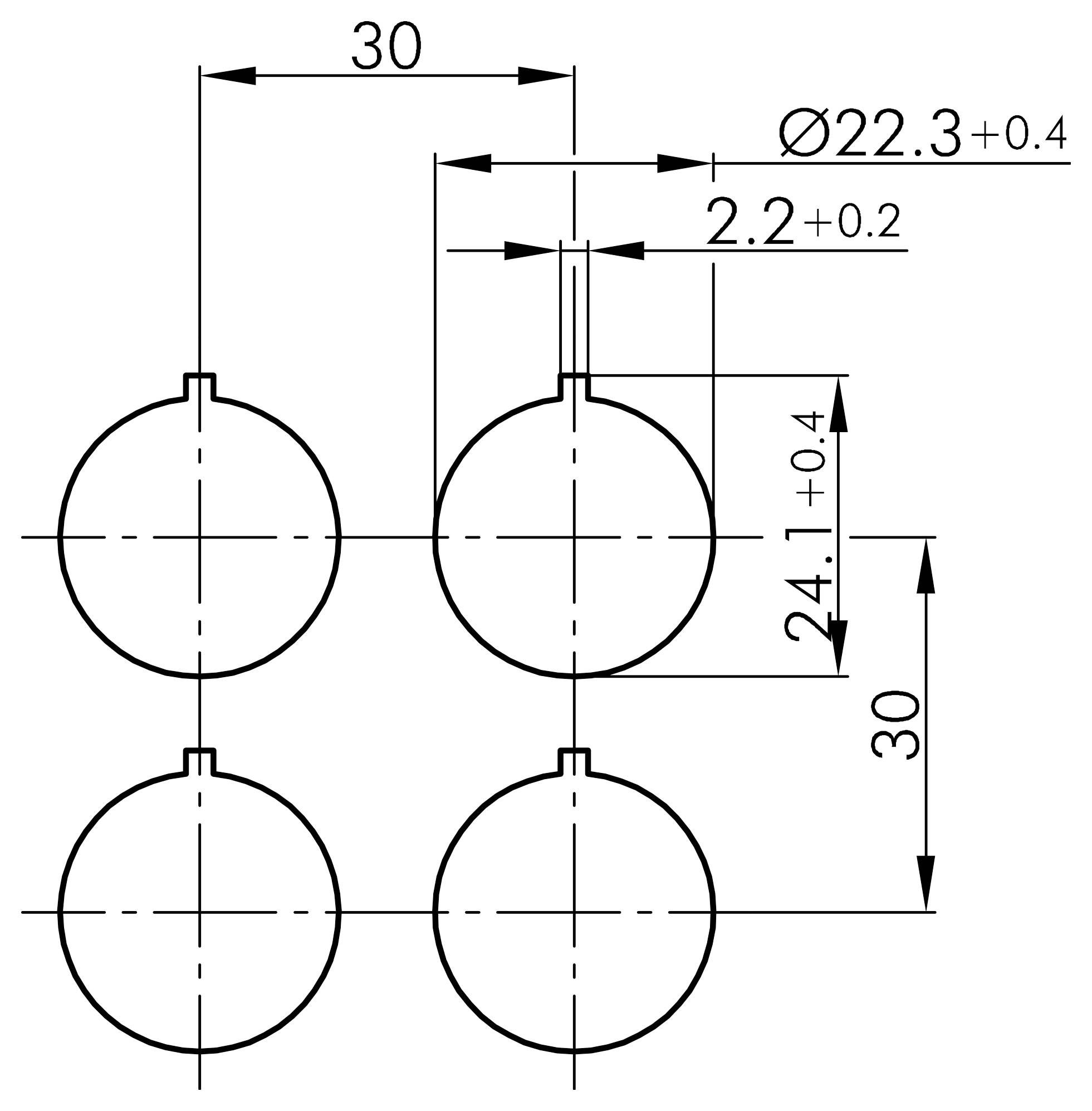 Technical drawing of a 2x2 circular part layout, with 30 mm center spacing, Ø22.3+0.4 diameter, 2.2+0.2 slot width, and 24.1+0.4 height.
