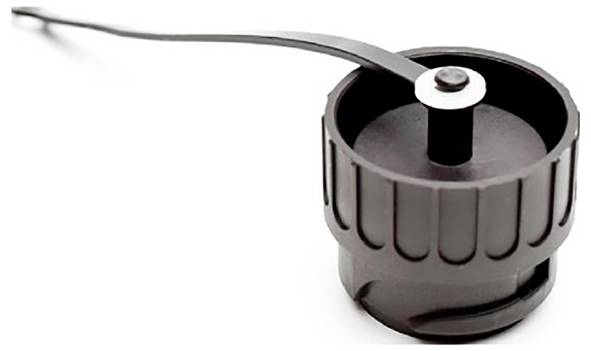 A black plastic can opener with a silver metal turning arm and knob on a white background.