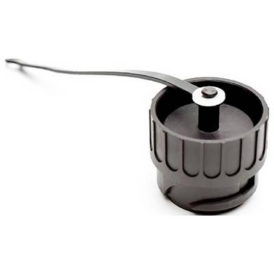 A black plastic can opener with a silver metal turning arm and knob on a white background.