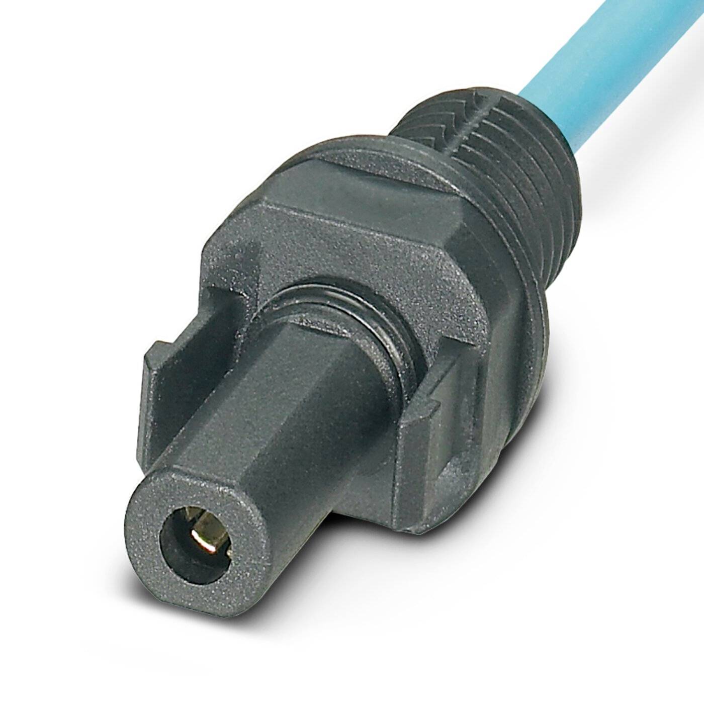Optical plug with blue cable, black housing and circular socket, suitable for audio connections in technical devices.