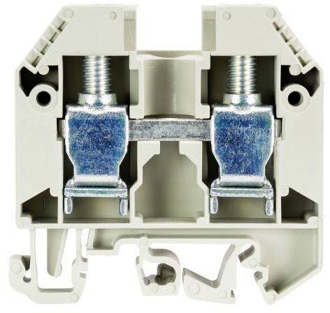 Grey terminal block with two screw connections, metal parts visible, for connecting electrical conductors in control cabinets.