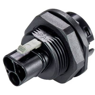 A black, round plug with two sockets and a silver locking mechanism. Used in electrical systems.
