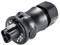 A black plastic connector with two round pins and a release clip on the side.