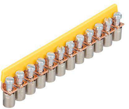 'Image of a yellow busbar adapter with multiple silver contacts, used for electrical connection in electrical cabinets.'