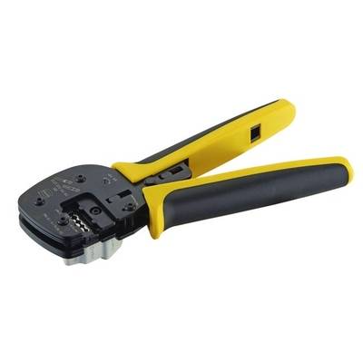 Pictured is a yellow and black crimping pliers used for connecting cables and connectors. It is lying on a white surface.