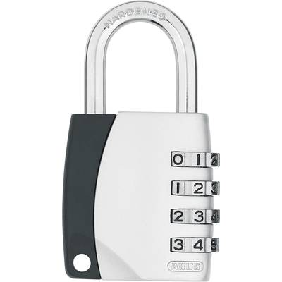Padlock with four-digit number combination. Silver with black element. Security feature visible.