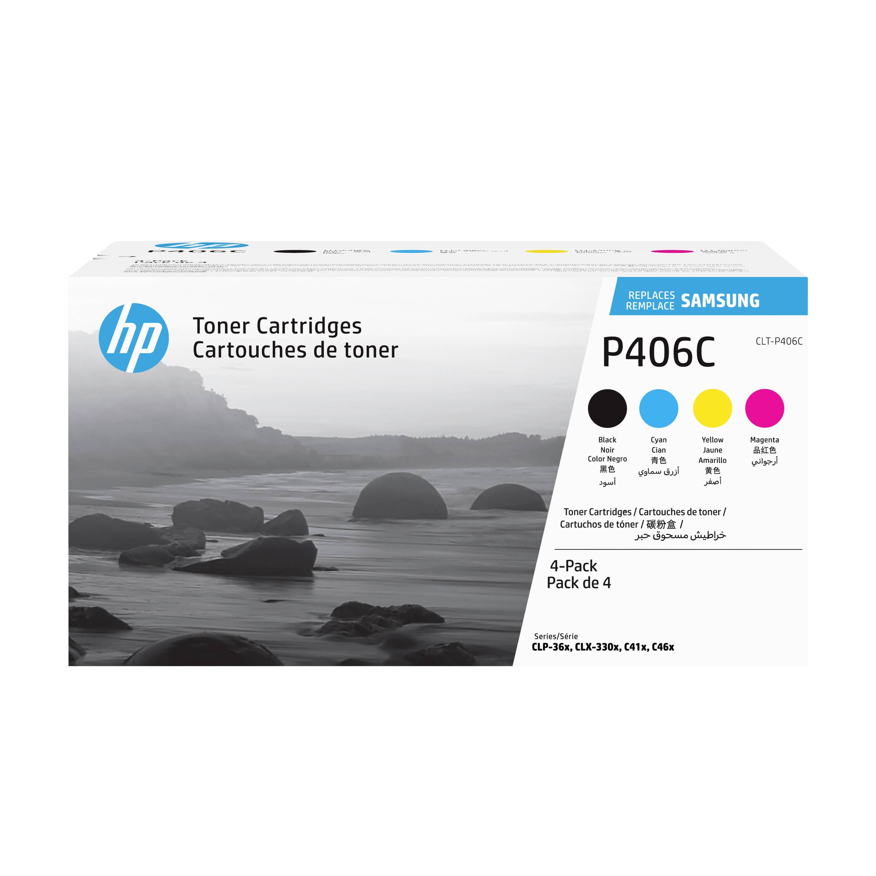 HP toner cartridge box labeled P406C, 4-pack compatible with Samsung printers, showing black, cyan, yellow, and magenta cartridges.