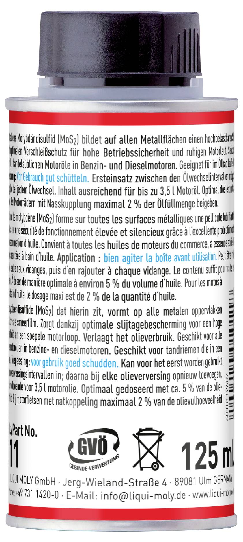 A bottle of lubricant/engine oil additive labeled '125 ml' with multilingual instructions and warnings on a white and red label.
