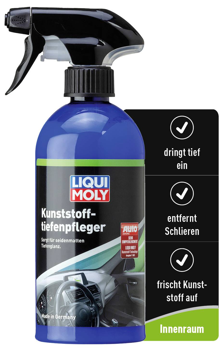 A blue bottle of 'LIQUI MOLY Plastic Deep Care' with a spray nozzle. Info: penetrates deeply, removes streaks, refreshes plastic. Including interior photo.