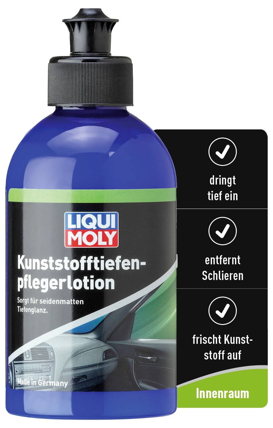 'Liqui Moly Plastic Care Lotion', blue bottle, cleans plastic in the car, removes streaks, refreshes plastic. Made in Germany.
