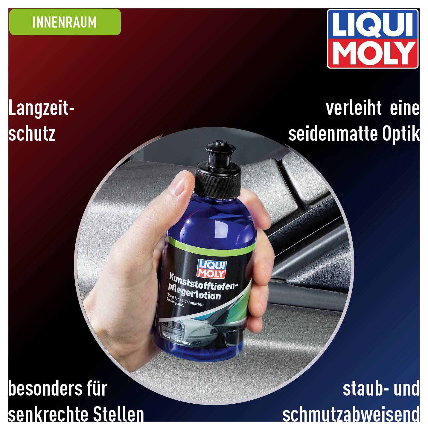 A hand is holding a bottle of 'LIQUI MOLY Plastic Care Lotion'. The text explains long-term protection and a silk-matt finish for car interiors.