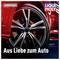 Red car with focus on wheel and rim. Text: 'Out of love for the car'. Liqui Moly logo in top right corner.
