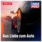 Car driving on road at sunset; Liqui Moly advertising banner with slogan 'Out of love for the car'.