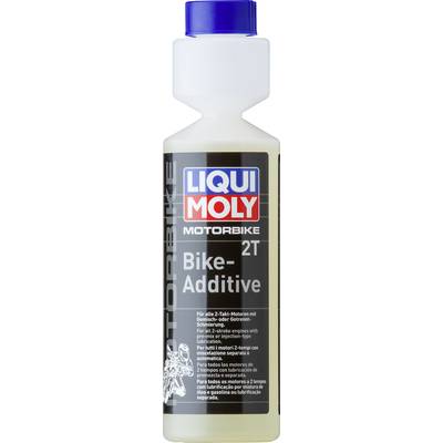 Bottle with the print 'LIQUI MOLY MOTORBIKE 2T Bike-Additive', for two-stroke engines, product for fuel optimisation.
