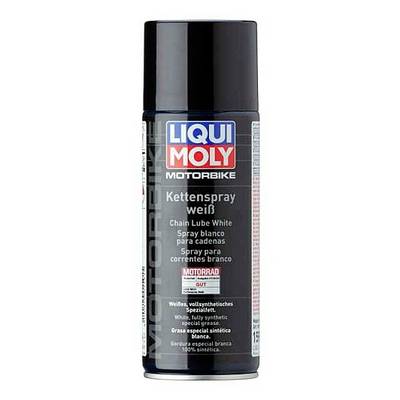 A black spray can with the label 'Liqui Moly Motorcycle Chain Spray White'. Specifically for motorcycle chains, synthetic.