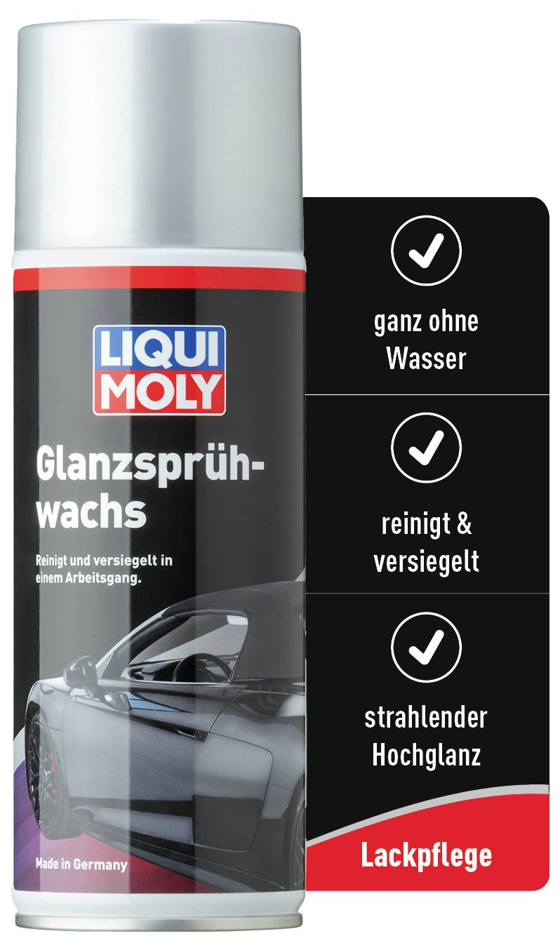 Spray can 'Liqui Moly Gloss Spray Wax', cleans without water and seals, for high-gloss paintwork care, car illustration.