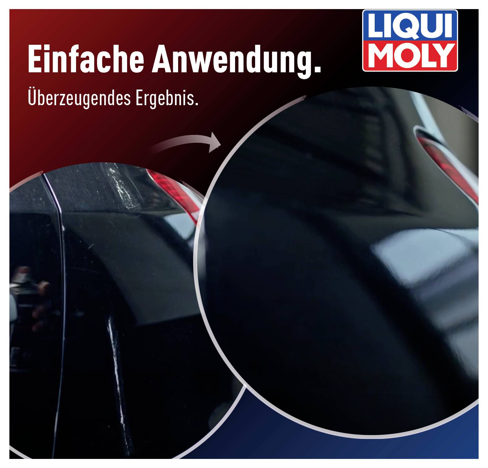 Close-up of a car's paint finish with two images: left matte, right glossy. Text top left: 'Simple Application'. Text bottom: 'Convincing Result.'