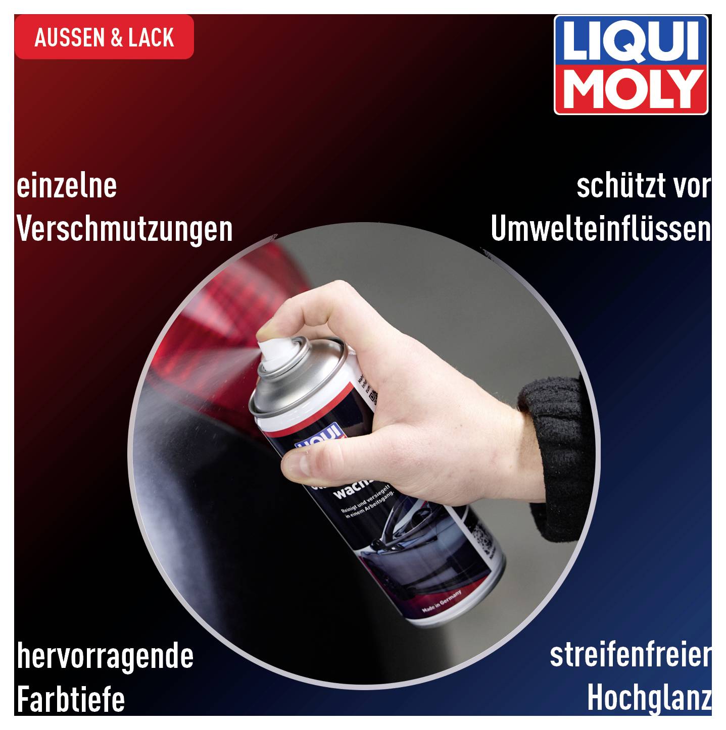 A hand sprays liquid from a can onto a car. Text on image: 'individual contaminants', 'protects against environmental influences', 'outstanding colour depth', 'streak-free high gloss'.