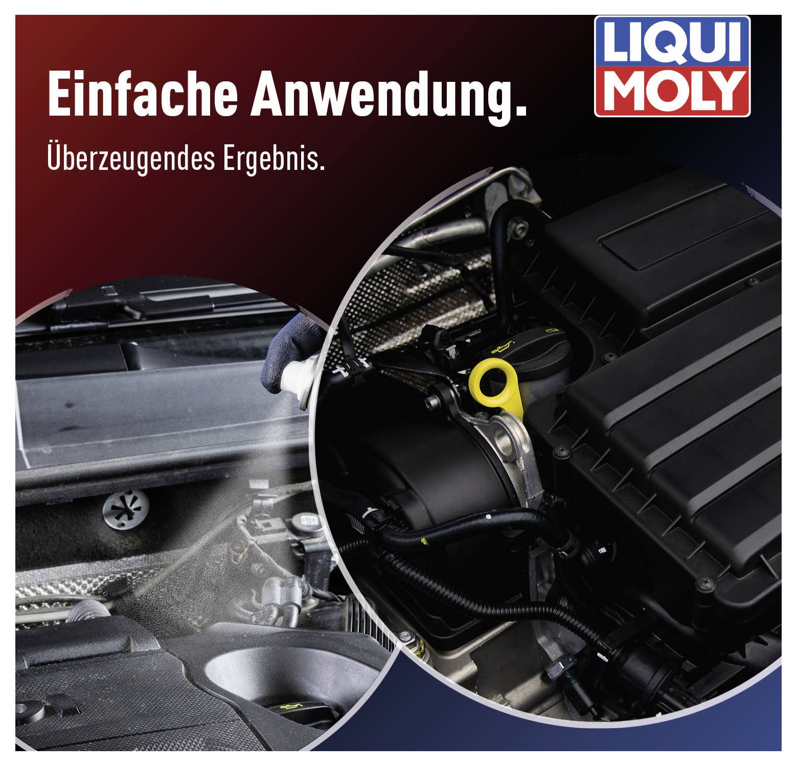 Two images: on the left a spray bottle aimed at an engine, on the right a clean engine. Text at the top: 'Simple application.'