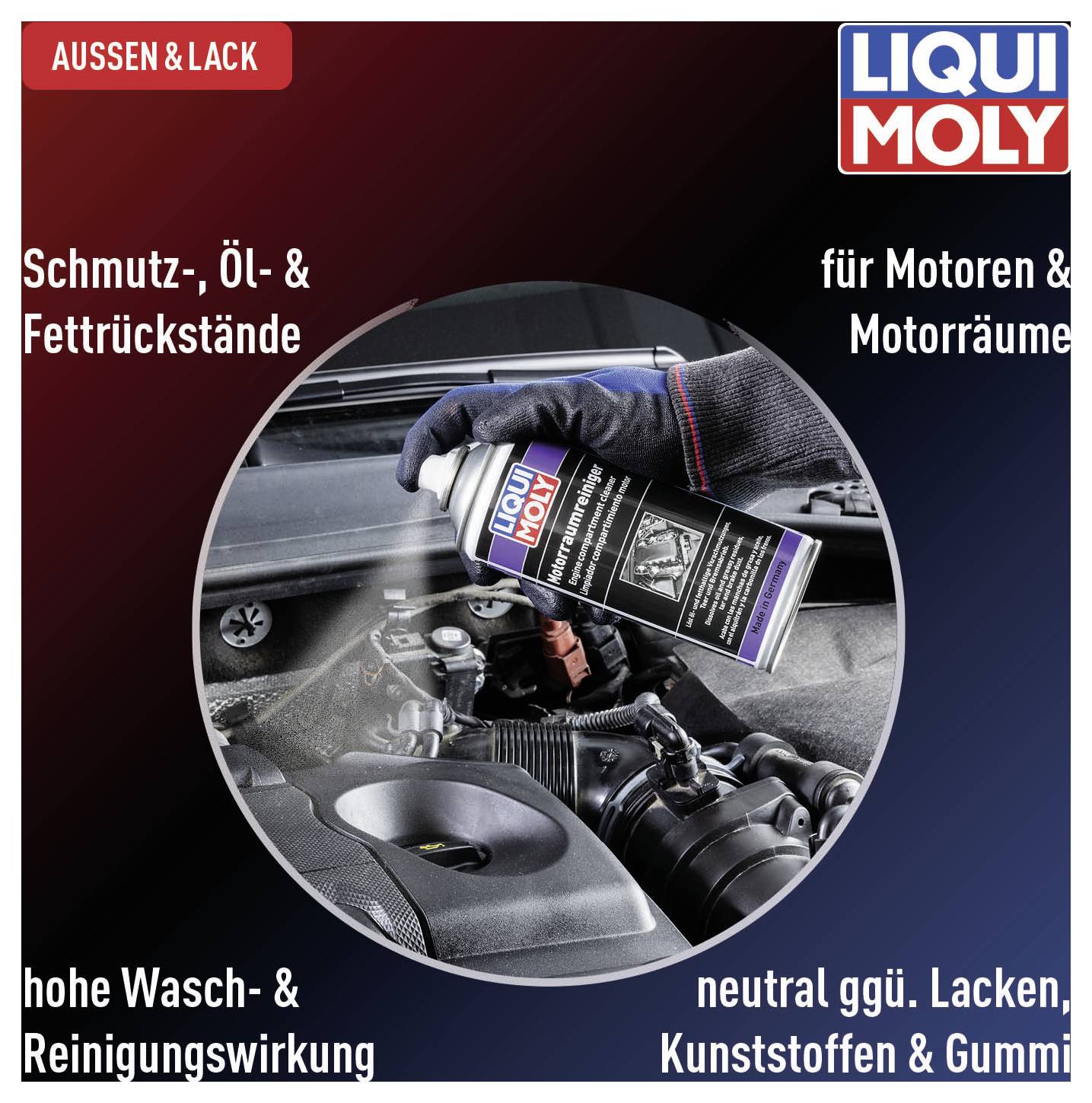'Liqui Moly' cleaning product is sprayed onto an engine. Text around the image emphasises dirt removal and material compatibility.