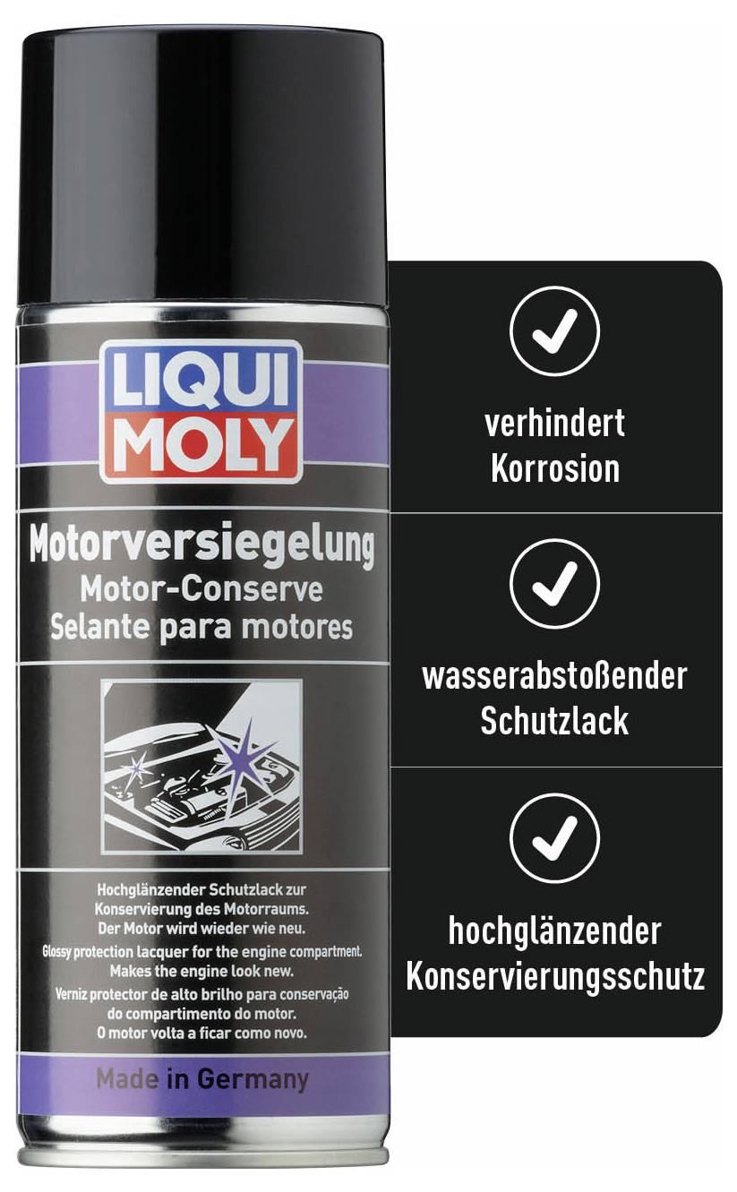 'Liqui Moly Engine Sealant' spray can against a black background. Text: 'prevents corrosion, water-repellent protective coating, high-gloss preservation protection'.