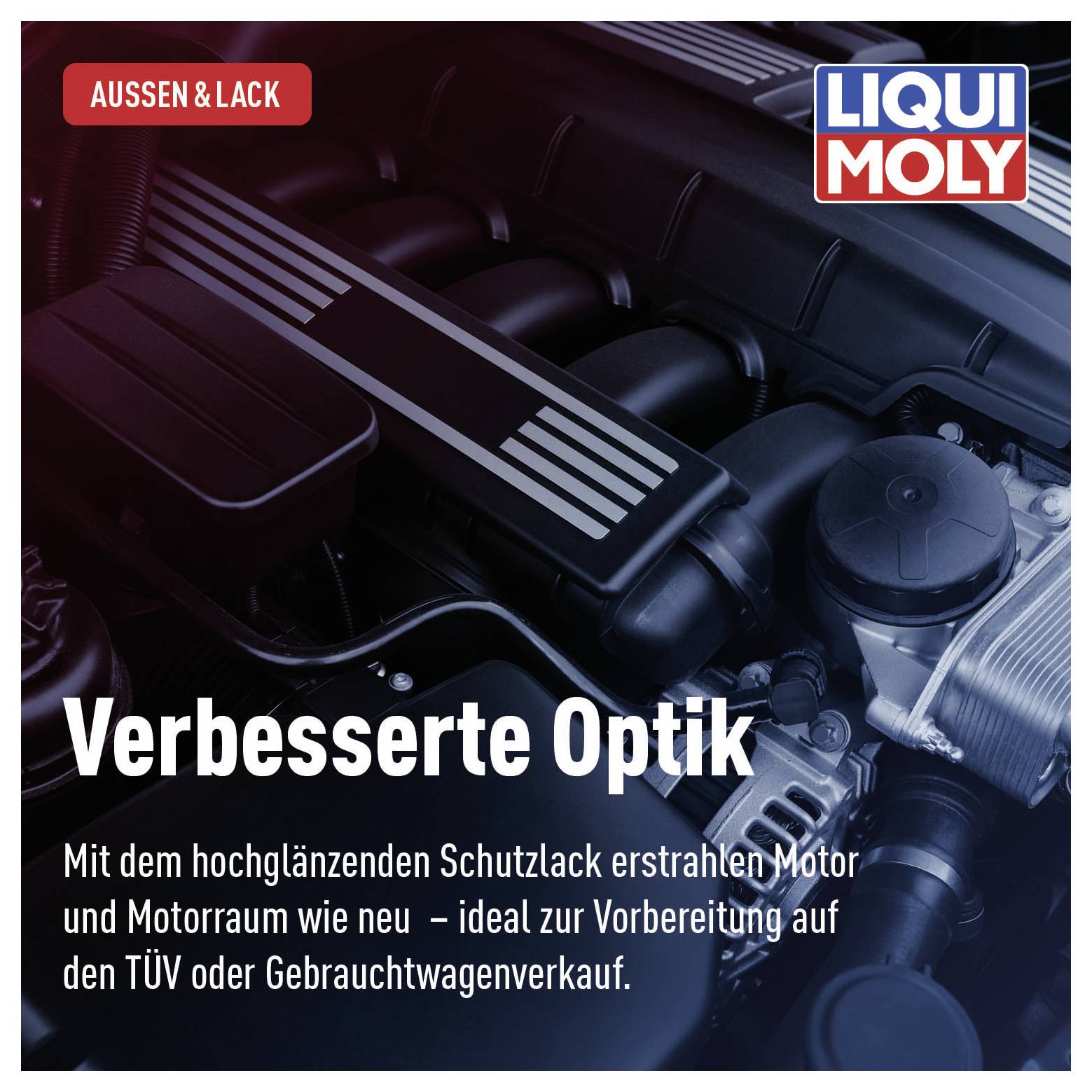 Engine in the engine bay, coated with a glossy protective lacquer. The text emphasises that this enhances the engine's visual appeal, ideal for MOT inspection or sale.