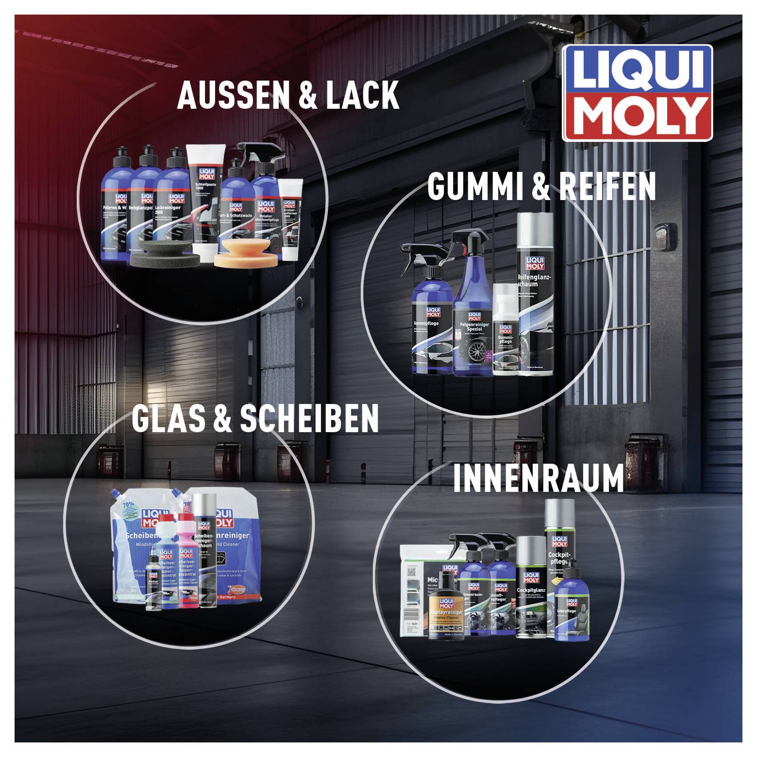 'Liqui Moly' products in four categories: 'Exterior & Paintwork', 'Rubber & Tyres', 'Glass & Windows', 'Interior' in a workshop environment.