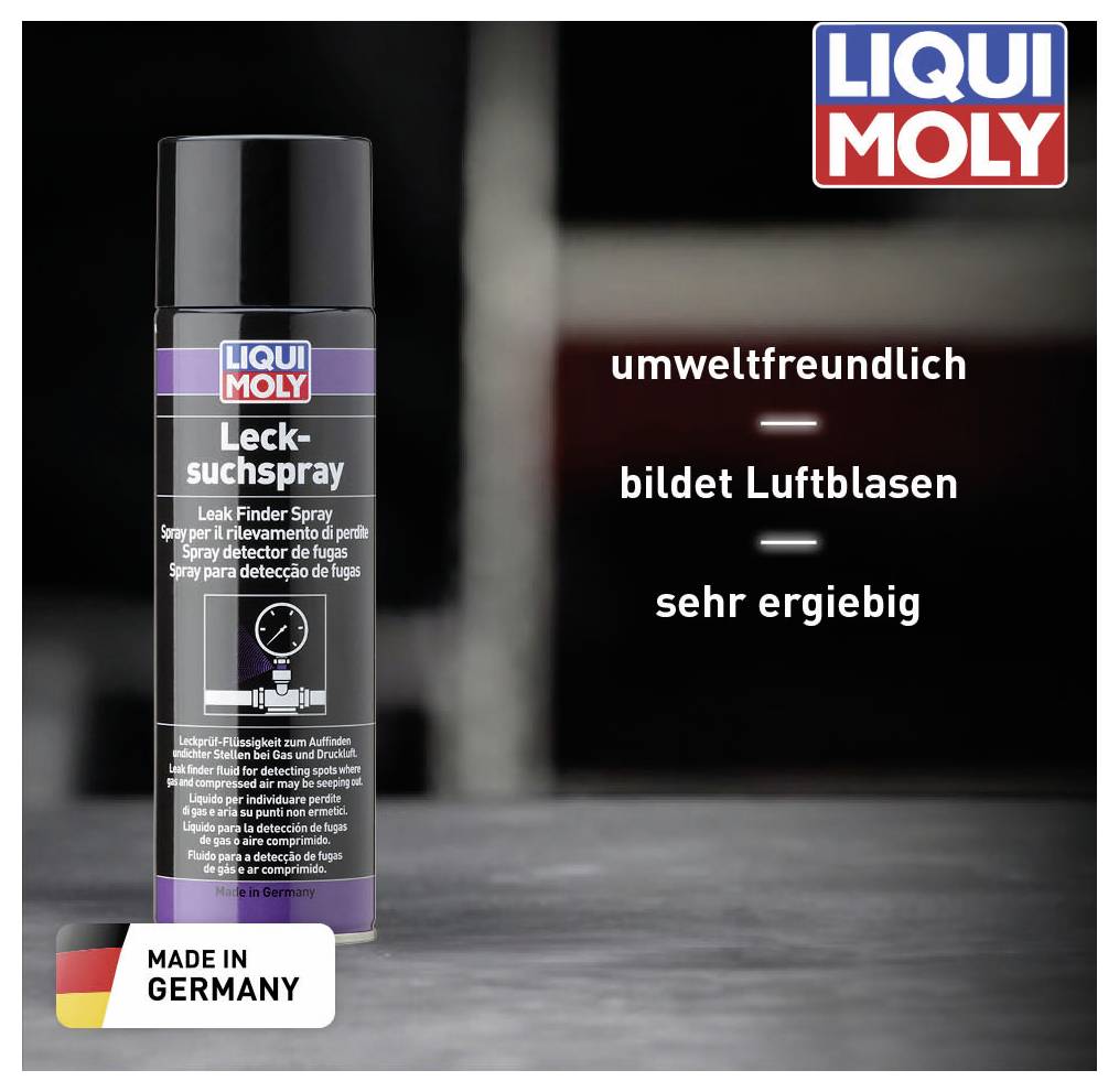 A tin of Liqui Moly leak detection spray stands against a grey background. Text: 'environmentally friendly, forms air bubbles, highly effective'. Made in Germany.