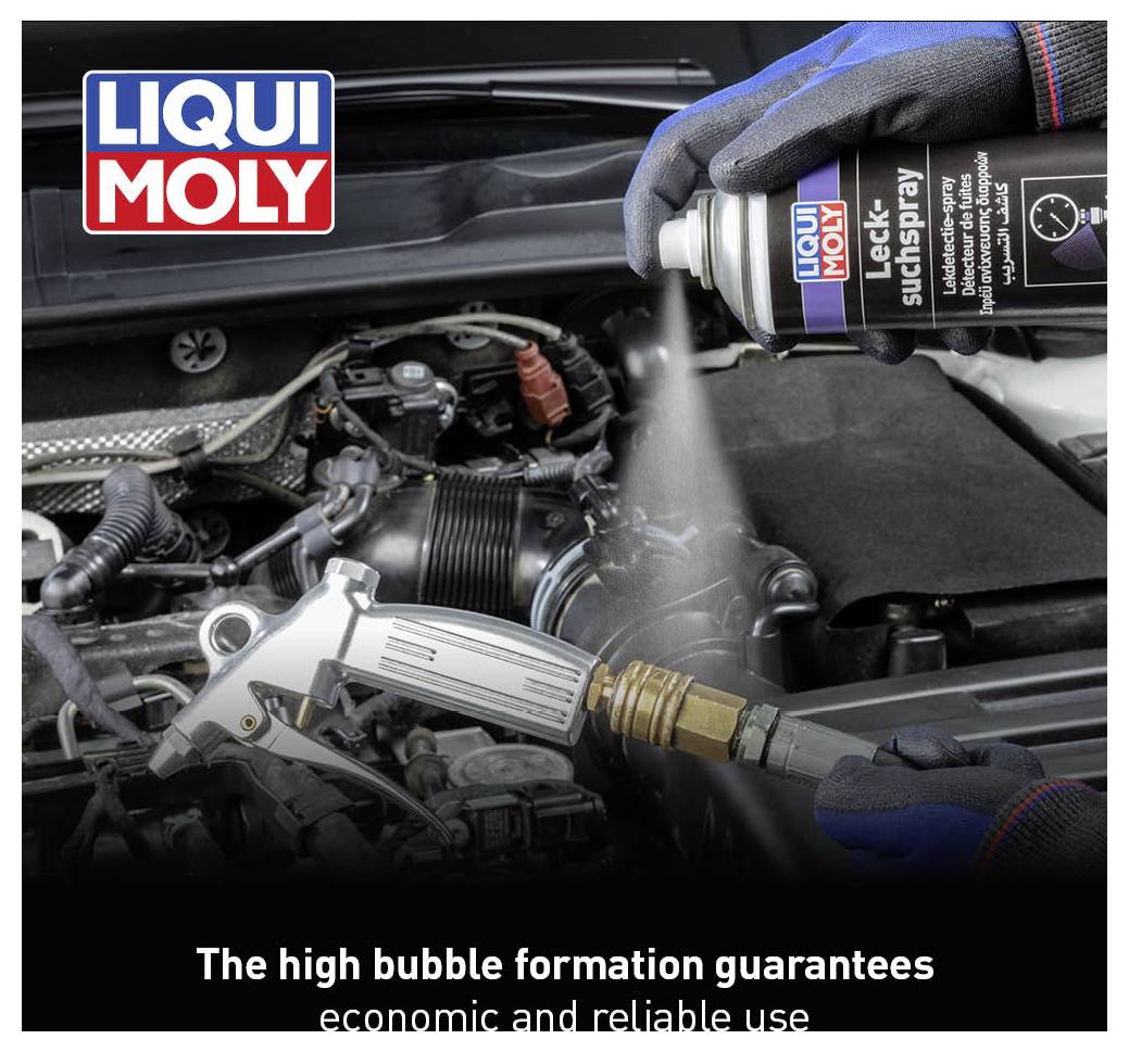 A person is spraying LIQUI MOLY sealing compound onto an engine block. The text describes the application as economical and reliable.