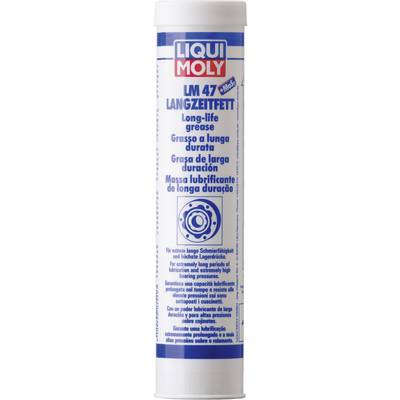 A blue tin with 'LIQUI MOLY' logo. Underneath it reads 'LM 47 Long-Term Grease'. Multilingual description and application instructions.