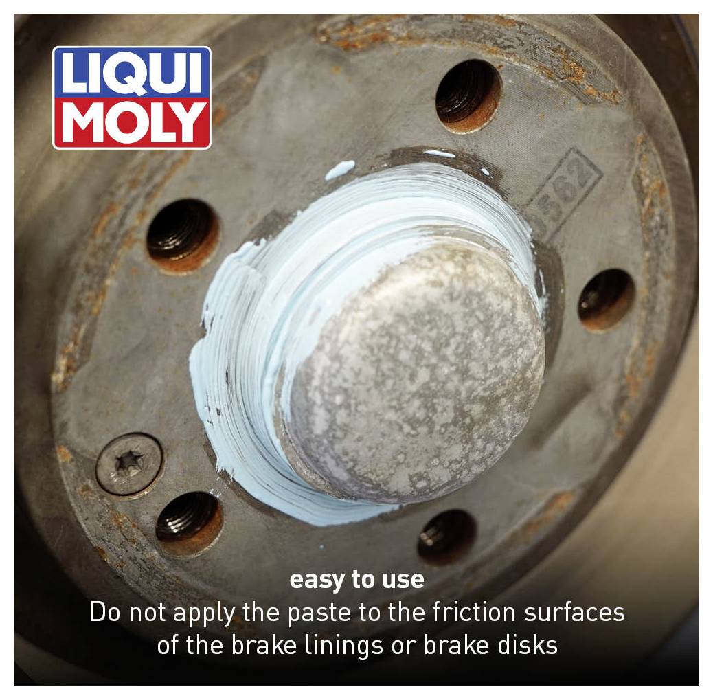 'Easy processing: Do not apply paste to the friction surfaces of brake pads or brake discs.' Close-up of an automotive brake component with blue paste.