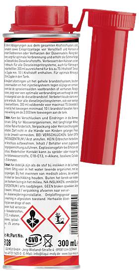 Red-and-white aerosol can with a red cap, German warning label, hazard symbols, and 300 ml volume marking.