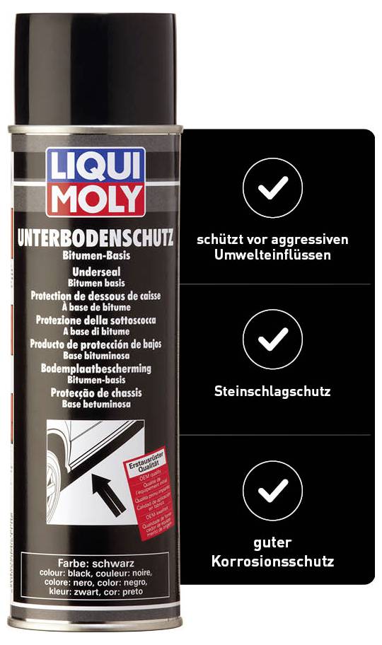 'Liqui Moly underbody protection spray. Characteristics: protects against environmental influences, stone chip protection, corrosion protection.'