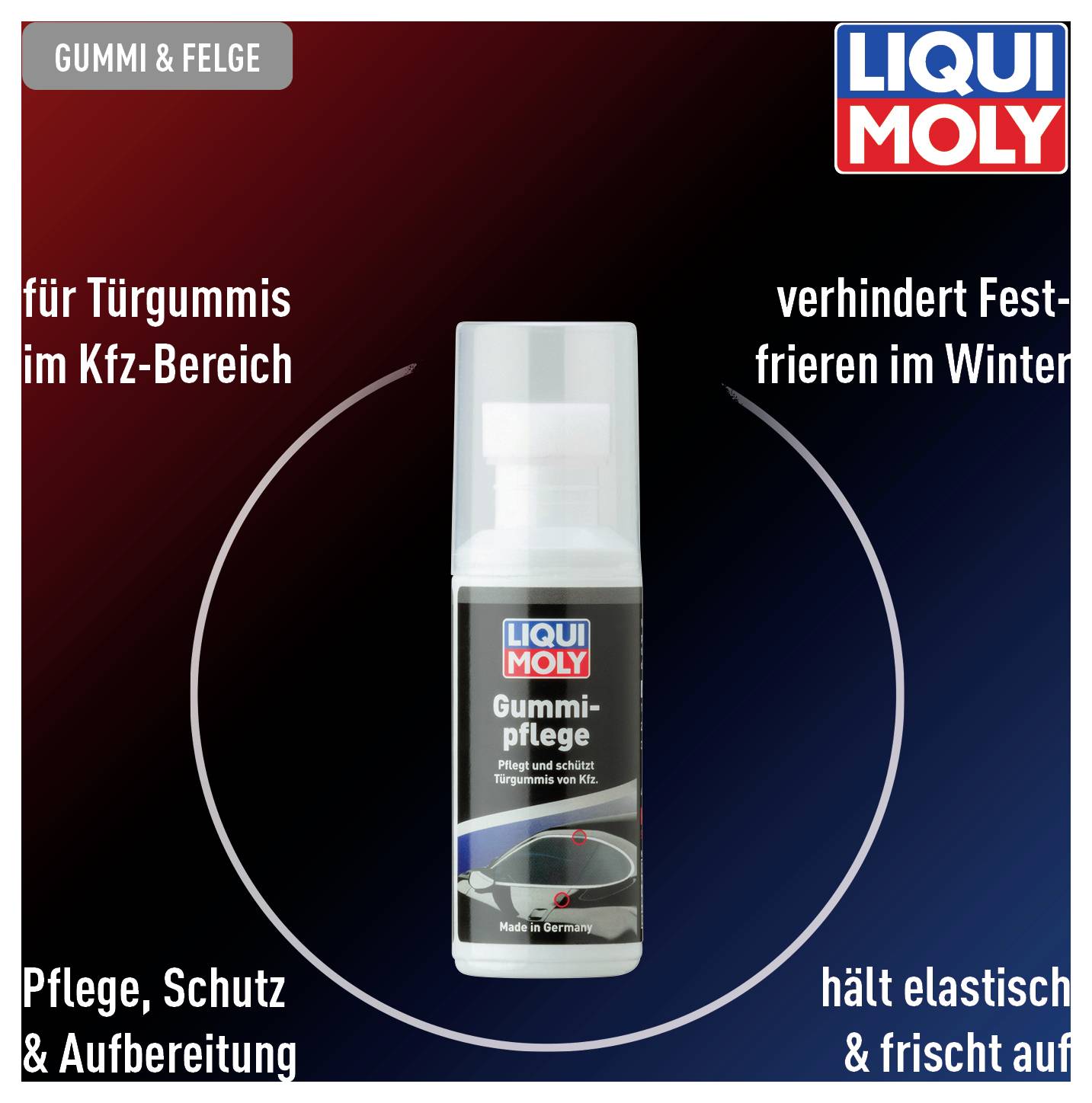 'Rubber Care by LIQUI MOLY: Care, Protection and Reconditioning for Vehicle Door Seals. Prevents freezing, keeps elastic.'