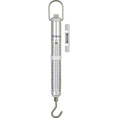 Silver spring dynamometer with hook, marked with '200 Newton'. Measures tension force in Newtons and grams using a scale.