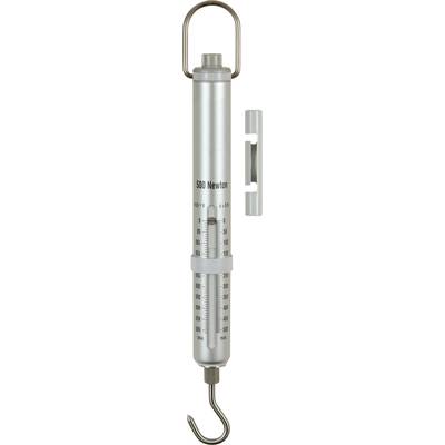Silver spring balance with scale from 0 to 500 Newtons. A handle at the top, a hook at the bottom. Suitable for weighing and measuring forces.