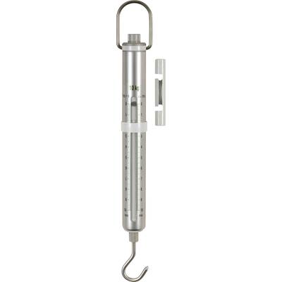 Metal spring balance with scale in kilograms. The hook is used for hanging objects to measure their weight.