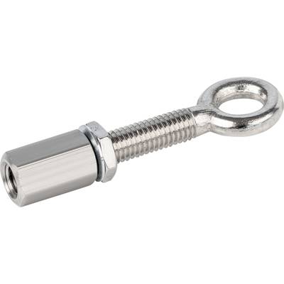 Metal screw with eye nut and cylindrical fixing, suitable for lifting applications or securing objects.